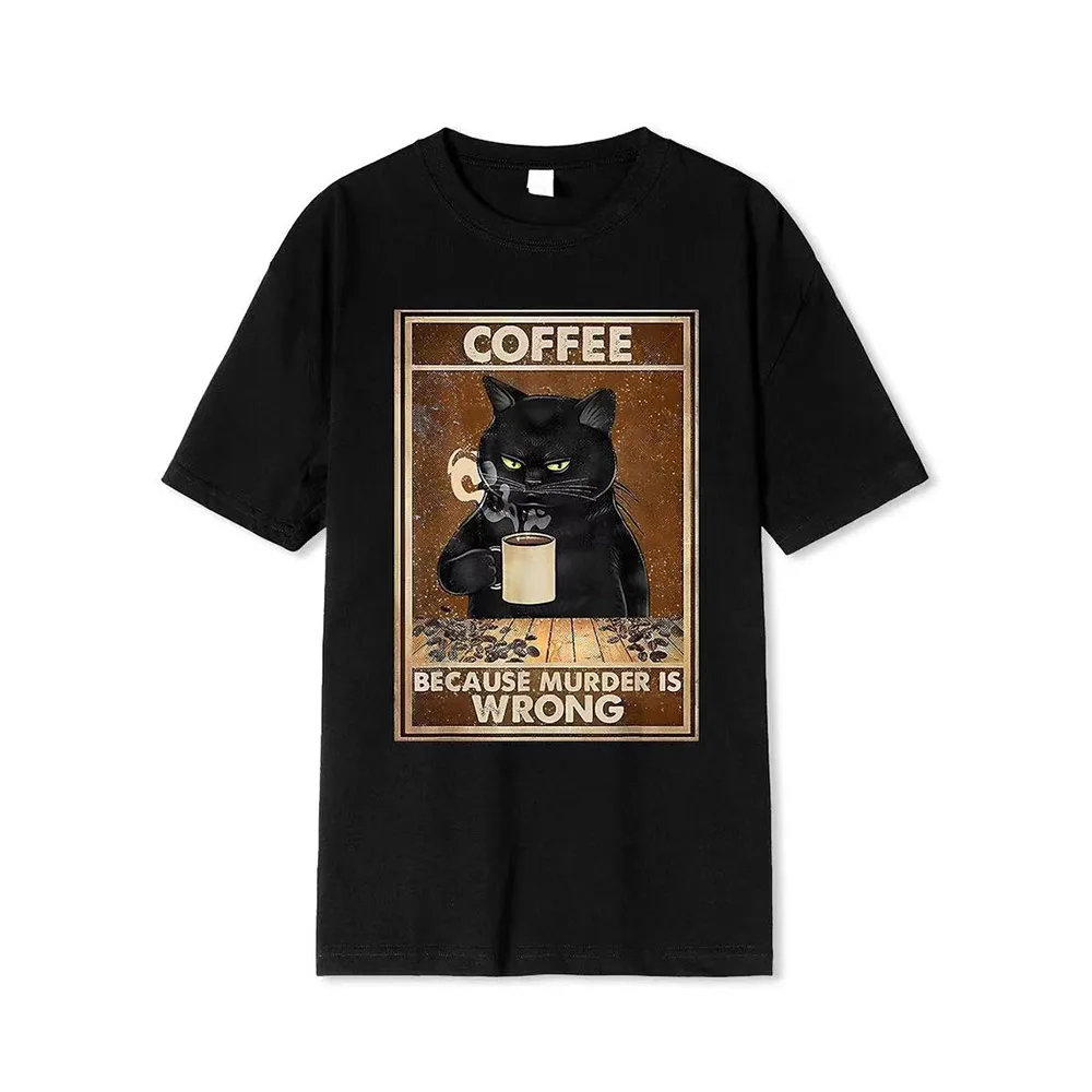 2024 New Summer Men's T-shirt Graphic Coffee Because Murder Is Wrong Black Cat Drinks Coffee Funny T-shirt Oversized Hip Hop