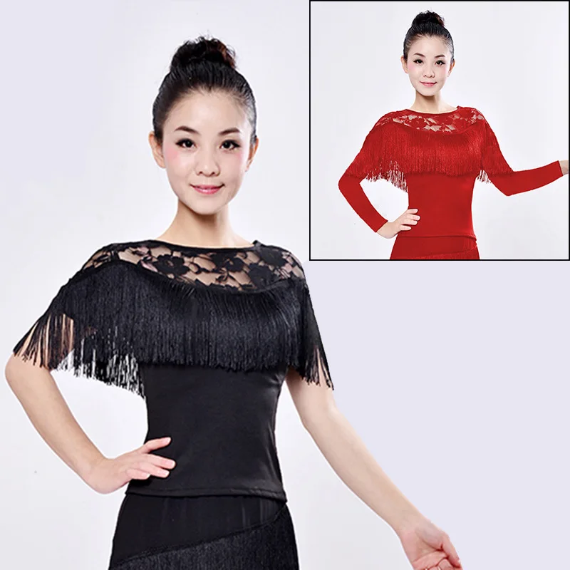 Lace Neck Fringe Design Women Latin Dance Tops Long Sleeve Women Black Latin Dancing Dress Cloth Tango Dancing Red T-shirts 2023