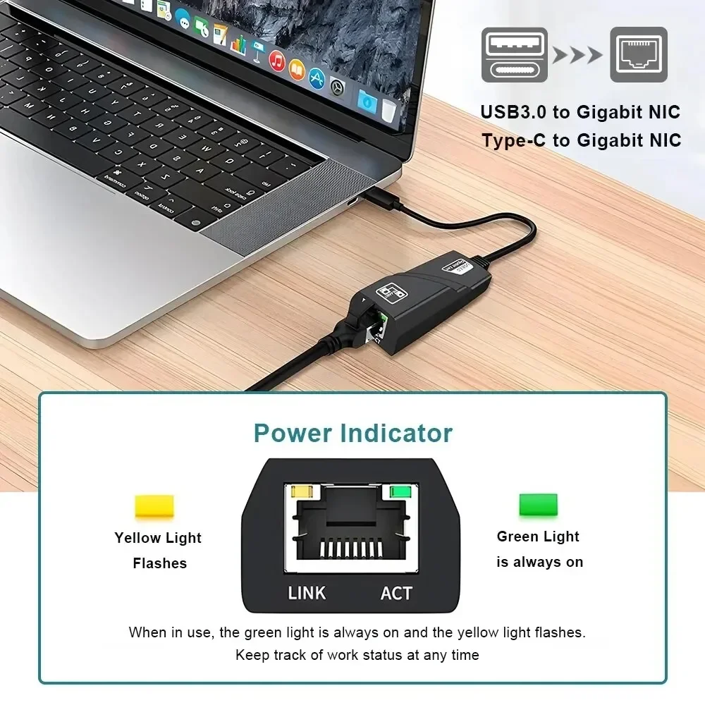 10/100/1000Mbps USB 3.0 Wired Network Card USB to RJ45 Type C to RJ45 LAN Ethernet Adapter for PC Macbook Windows Laptop