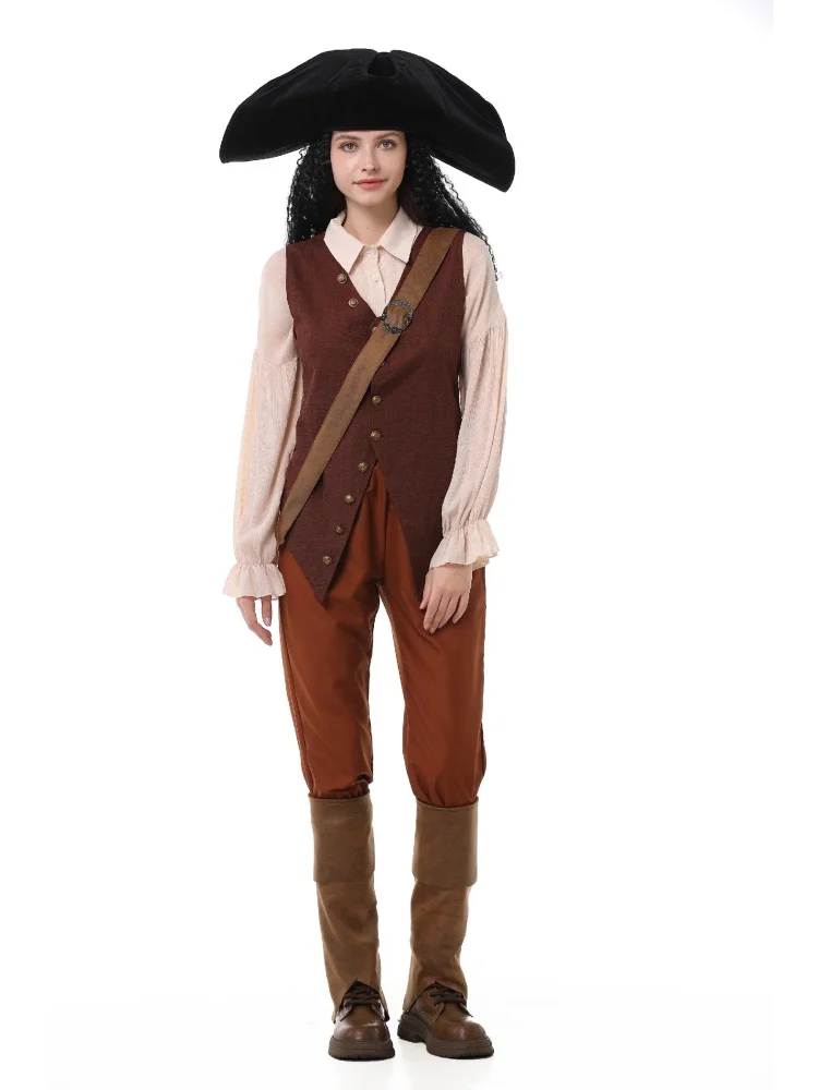 Erwachsenen-Vintage-Piratenkostüm, Gerüschte Bluse, Knopfweste, Schwarzer Dreispitz, Halloween-Bühnenauftritt, Ausgefallenes Outfit-Set – Detail 4
