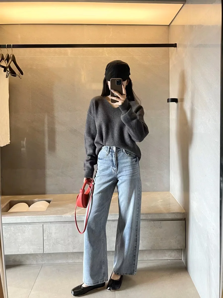 

Spring 2026 New Women's Wide Leg Pants Straight Cut Floor Length Natural Waist Cotton Denim Trousers Ladies Fashion