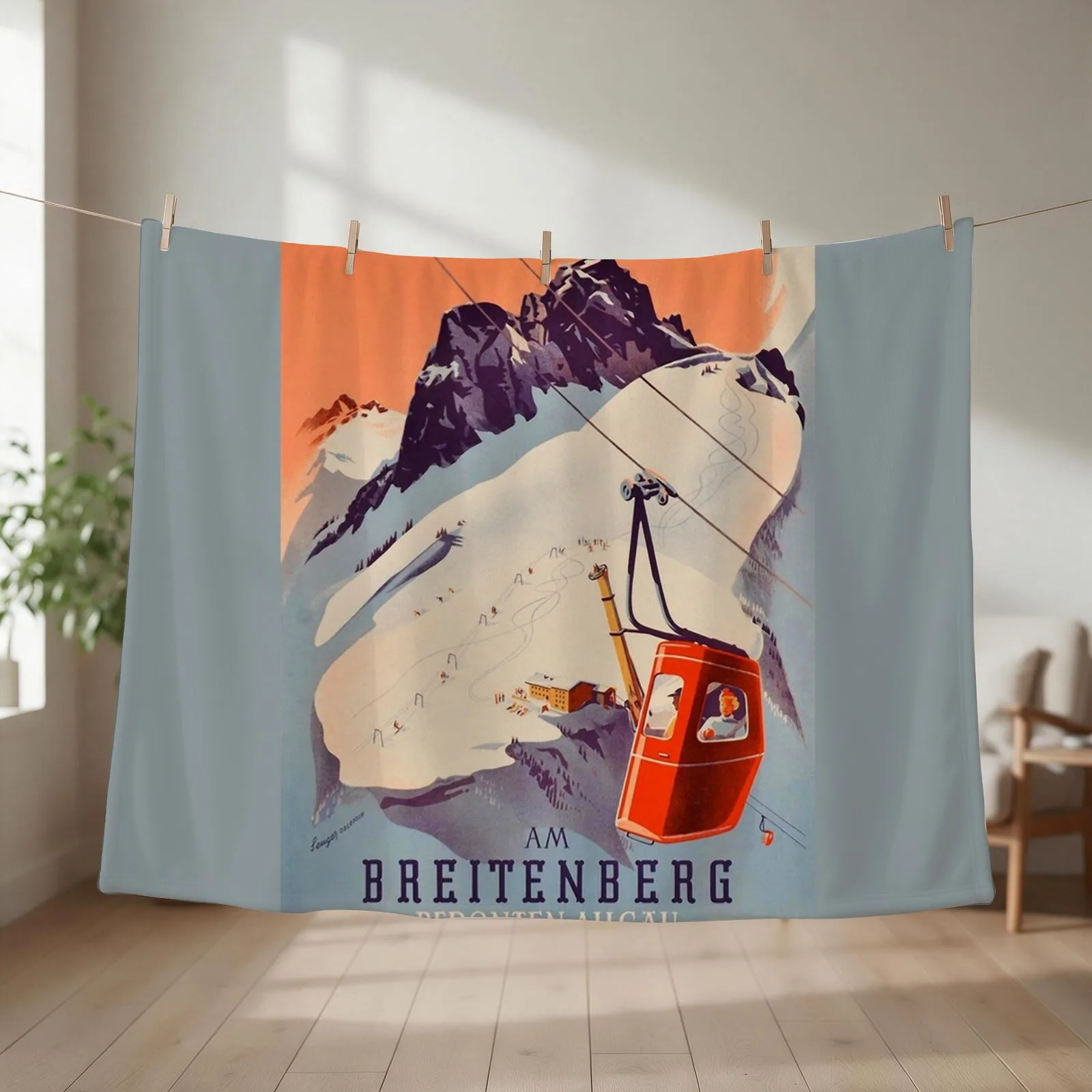 Vintage German Gondola Sport Ski Travel poster Throw Blanket couch cozy soft plush fuzzy picnic outdoor blanket
