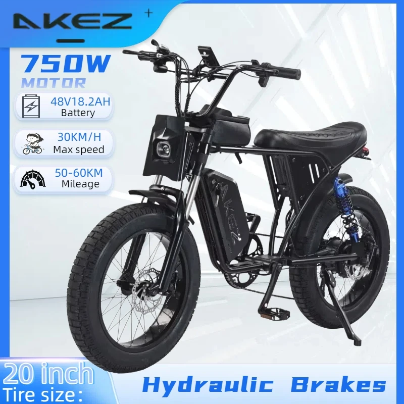 2025 New AKEZ 20 Inch 48V 750 Watt Fat Ebike Remote Electric Mountain Bike Adult Assisted Full Suspension Electric Dirt Bike