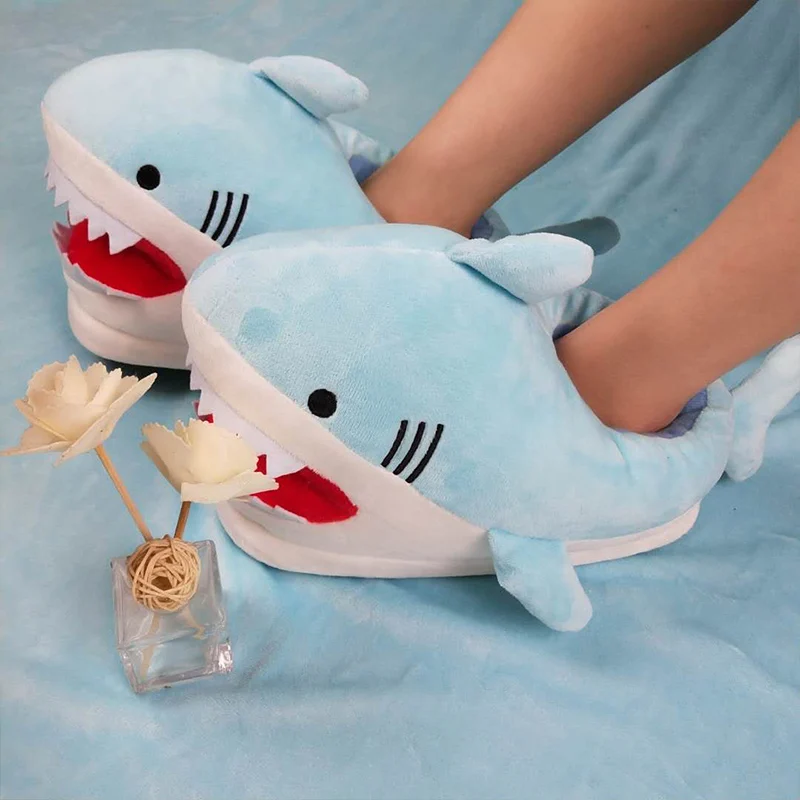 Feerldi girls boys shark winter slipper woman cartoon anime slip on shark slides female shoe open mouth fish cotton shoes