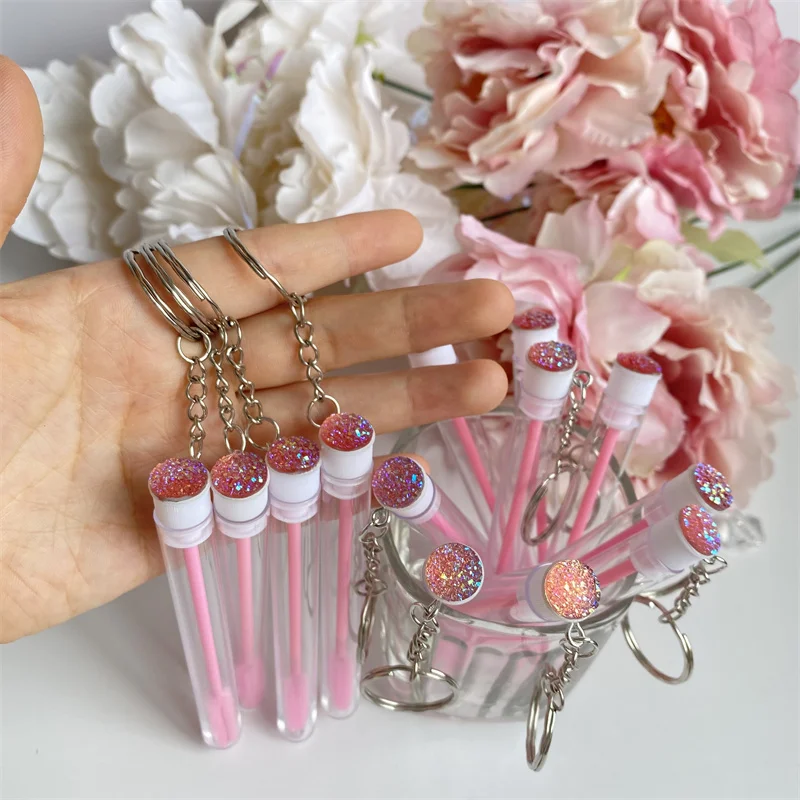 Reusable Eyelash Brush Tube Keychain Plastic Portable Mini Lash Comb Spoolie Container Glitter Cils Mascara Wands Keyring