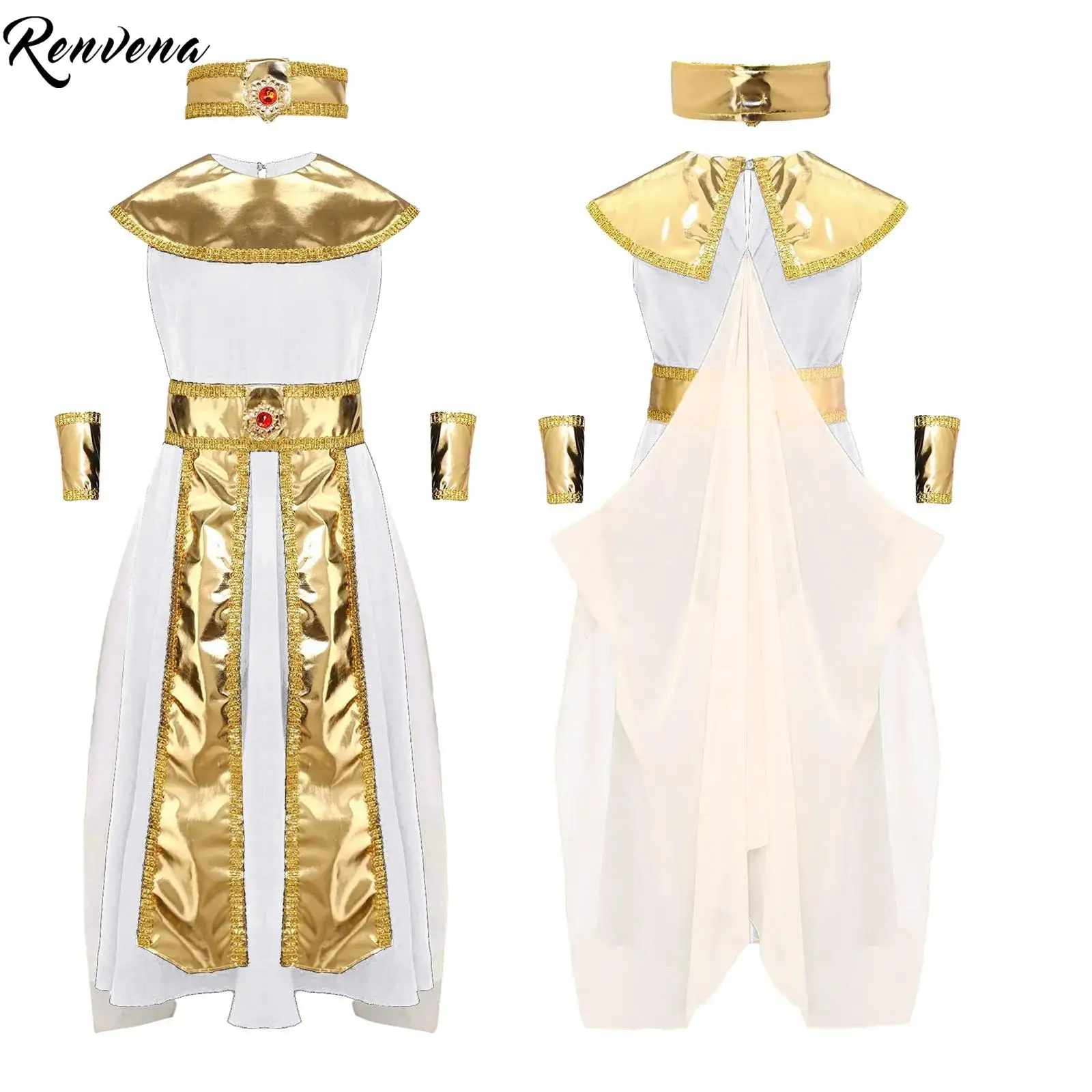 Disfraz de Reina Egipcia real para niñas, vestido de fiesta temático de Halloween con cuello y mangas para brazos, conjuntos de actuación de juego de rol