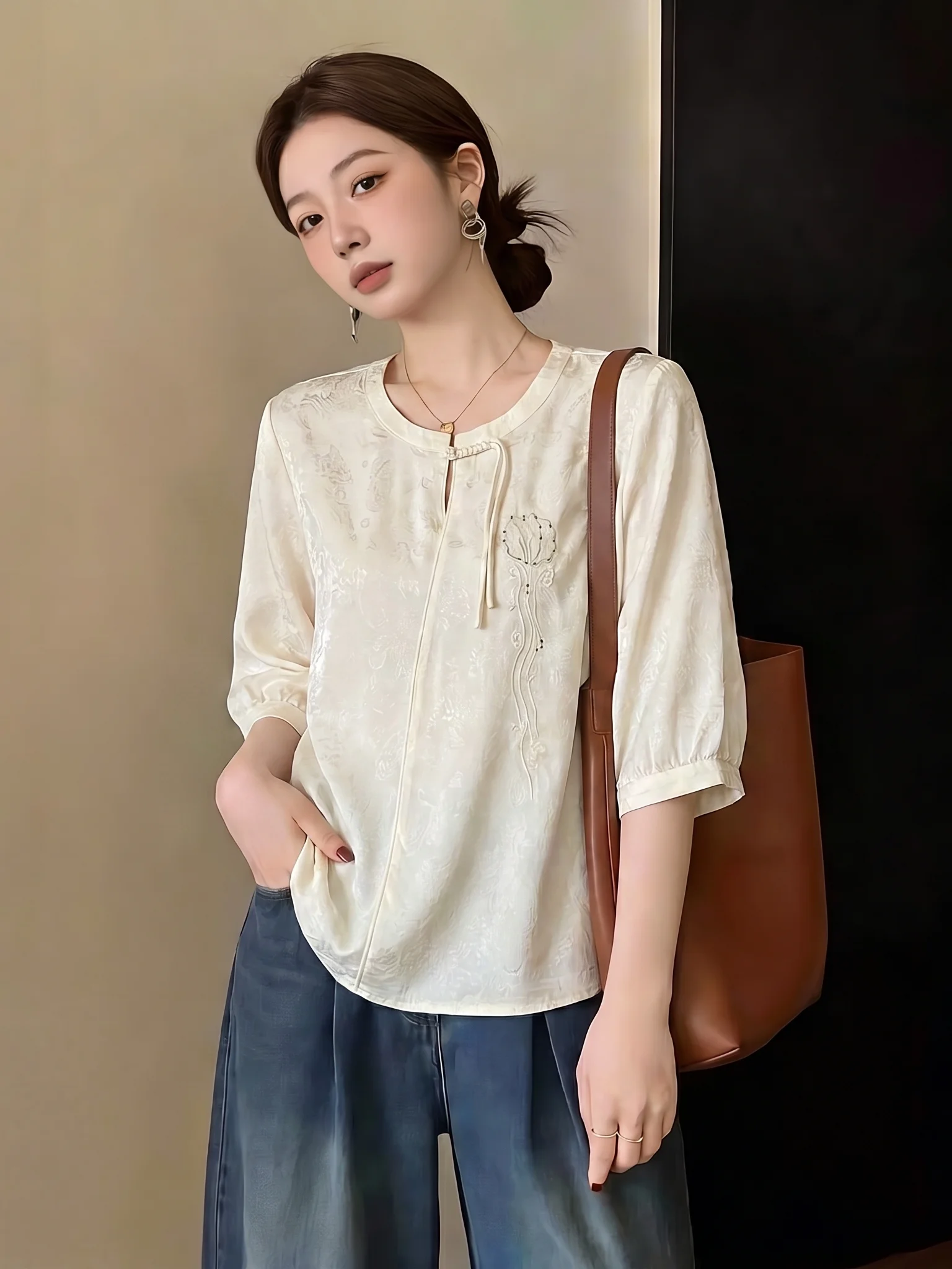 

New Chinese Style Embroidered Short Sleeve Shirt Women's Summer 2026 Large Size Acetate Satin Surface Top Fashion Commute