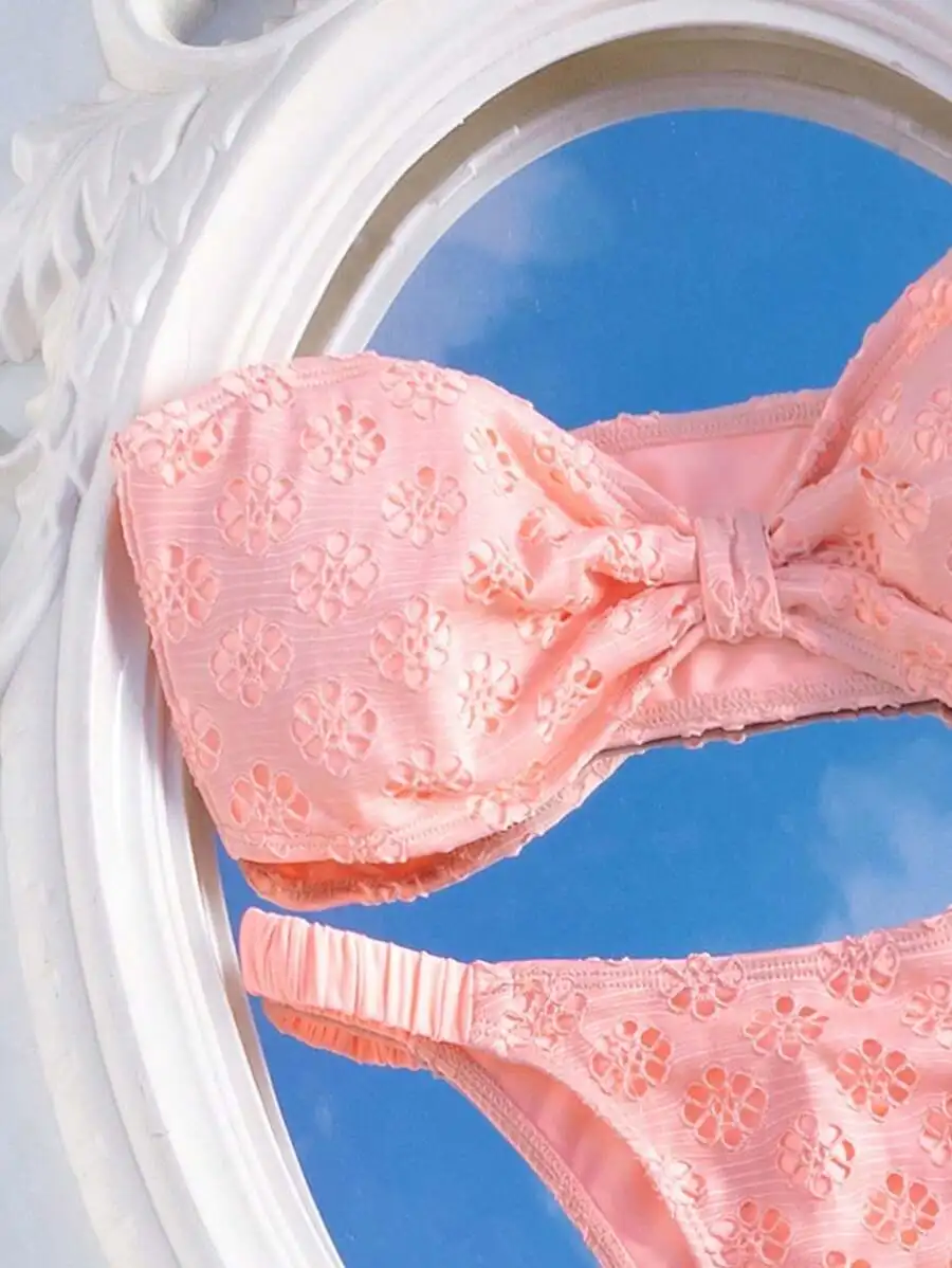 Peach Blush Floral Embroidered Cutout Bandeau Bikini Set For Women