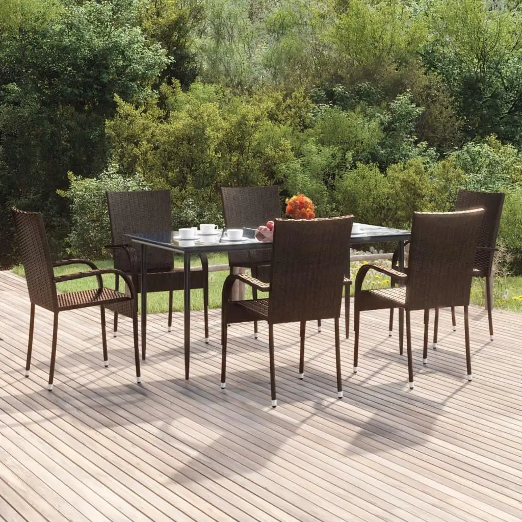 7-Piece Brown Poly Rattan Patio Dining Set - Stylish Outdoor Furniture for Dining & Entertaining