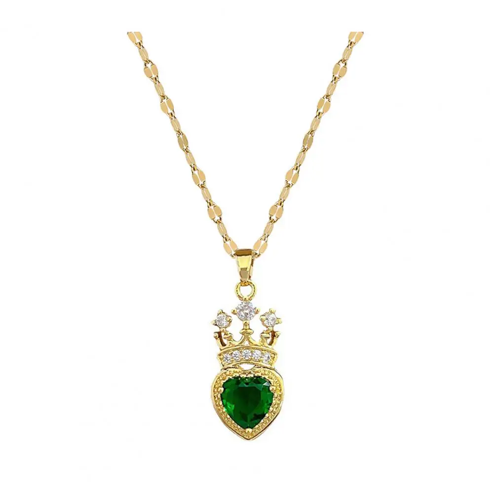 Titanium Steel Necklace Pendant Extended Chain Necklace Rhinestone Heart Crown Pendant Necklace Adjustable Hollow for Weddings