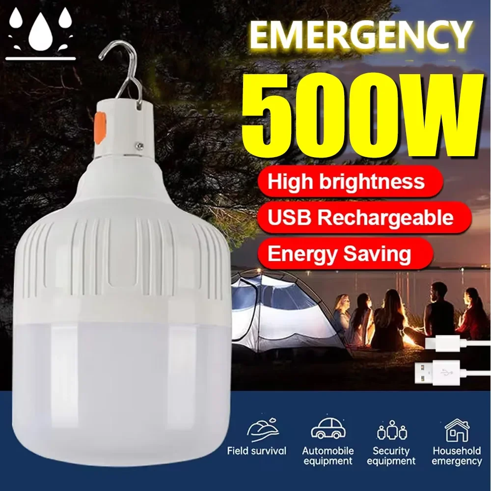 100-500W Rechargeable Portable LED Emergency Lights Outdoor Portable Lanterns Hanging Camping Energy Saving Bulb for Garden Tent