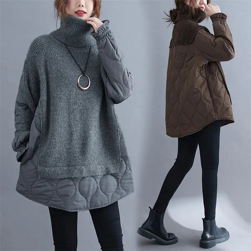 

Turtleneck Pullover Autumn And Winter 2022 Fashion Cotton Padded Clothes Splicing Knitwear Women's Thickened Sweater Trendy T756