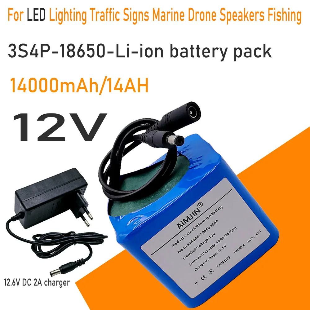 

12V Rechargeable Lithium Ion Battery Pack 3S4P Fishing Battery 12v 14Ah Portable Capacity DC 12.6v Cam Monitor+Charger