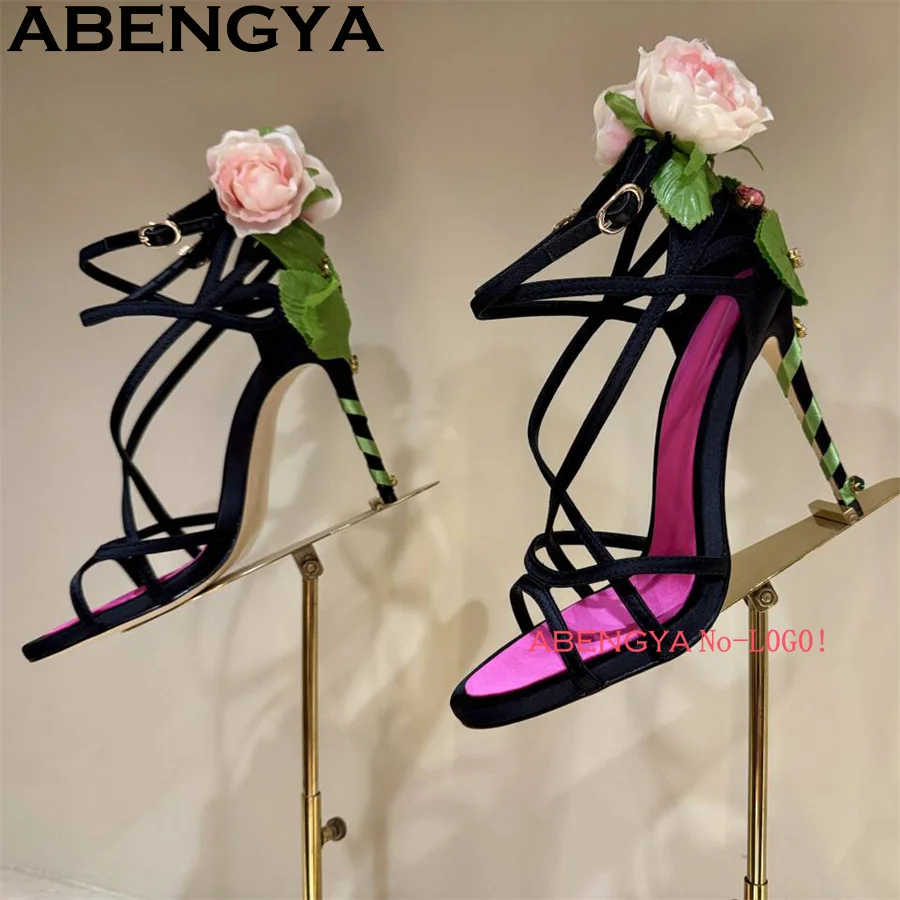 زهرة الورد الجنية الزفاف صندل كعب عالٍ ضيق النطاق المفتوحة تو الكاحل مشبك صنادل طراز جلاديتور الصيف فستان مثير أحذية Mujer