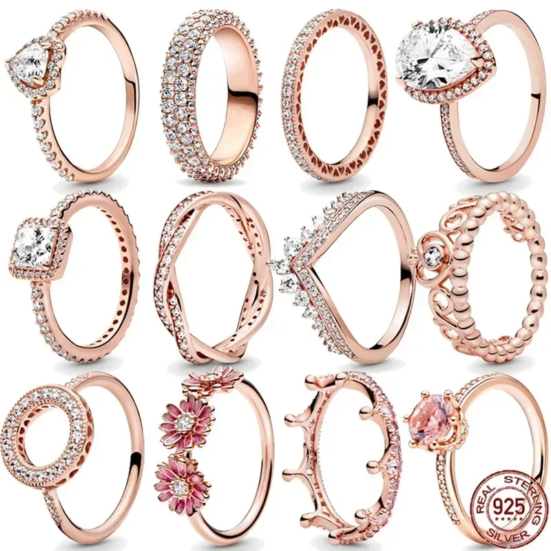 

Fashion Jewelry 925 Sterling Silver Classic Rose Gold Series Ring Shining Crown Charm Ring Women's Birthday Exquisite Gift