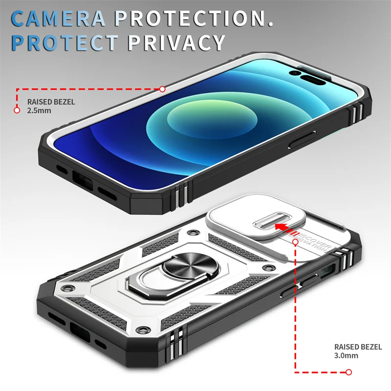 For iPhone 15 14 Plus 13 Pro Max Phone Case, Protective Cover with Rotating Ring and Lens Sliding Window