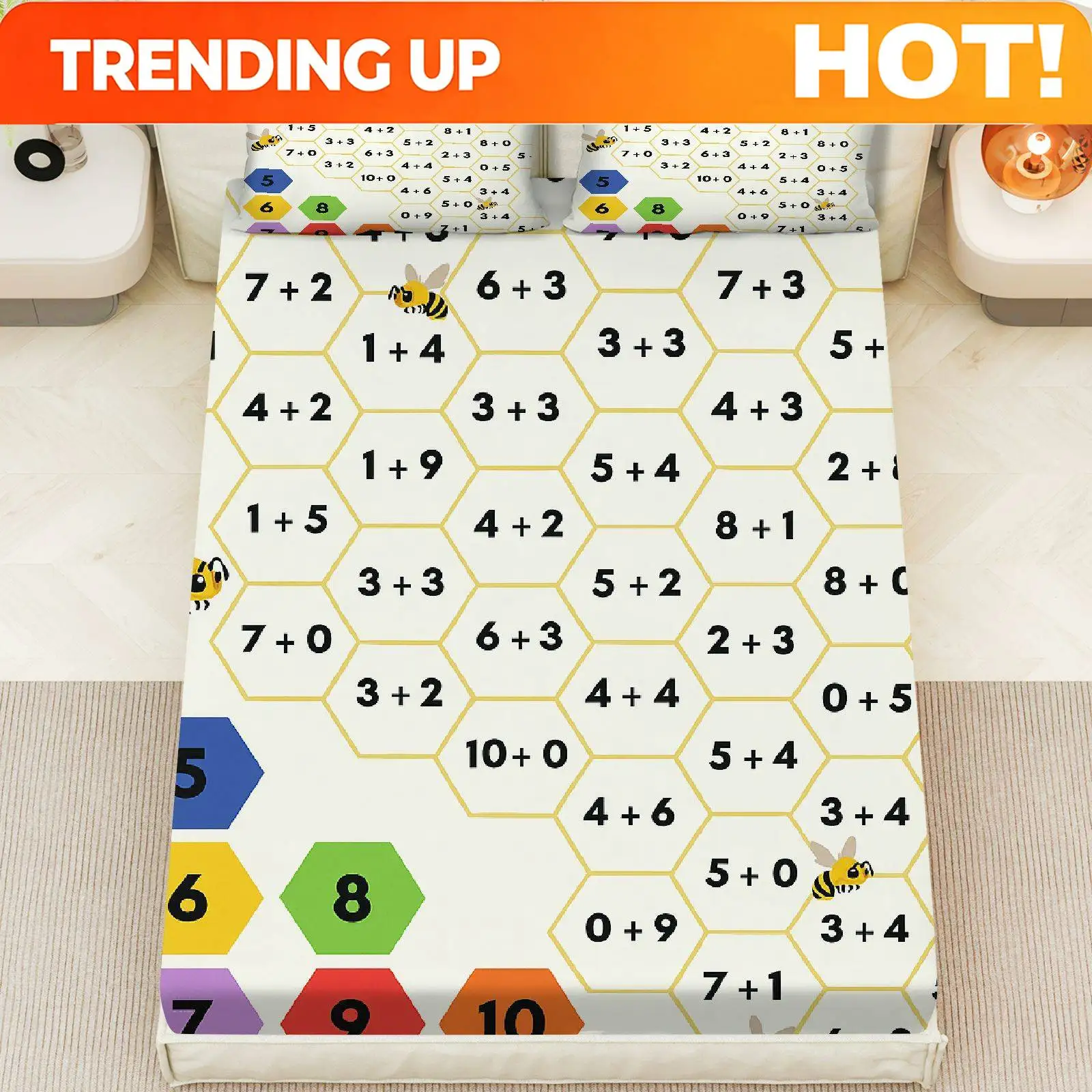 Customize 3pcs Bee Math Puzzle Fitted sheet Three Piece Set (1*Fitted Sheet+2*Pillowcases, Coreless), Nature theme, Hexagon Educ