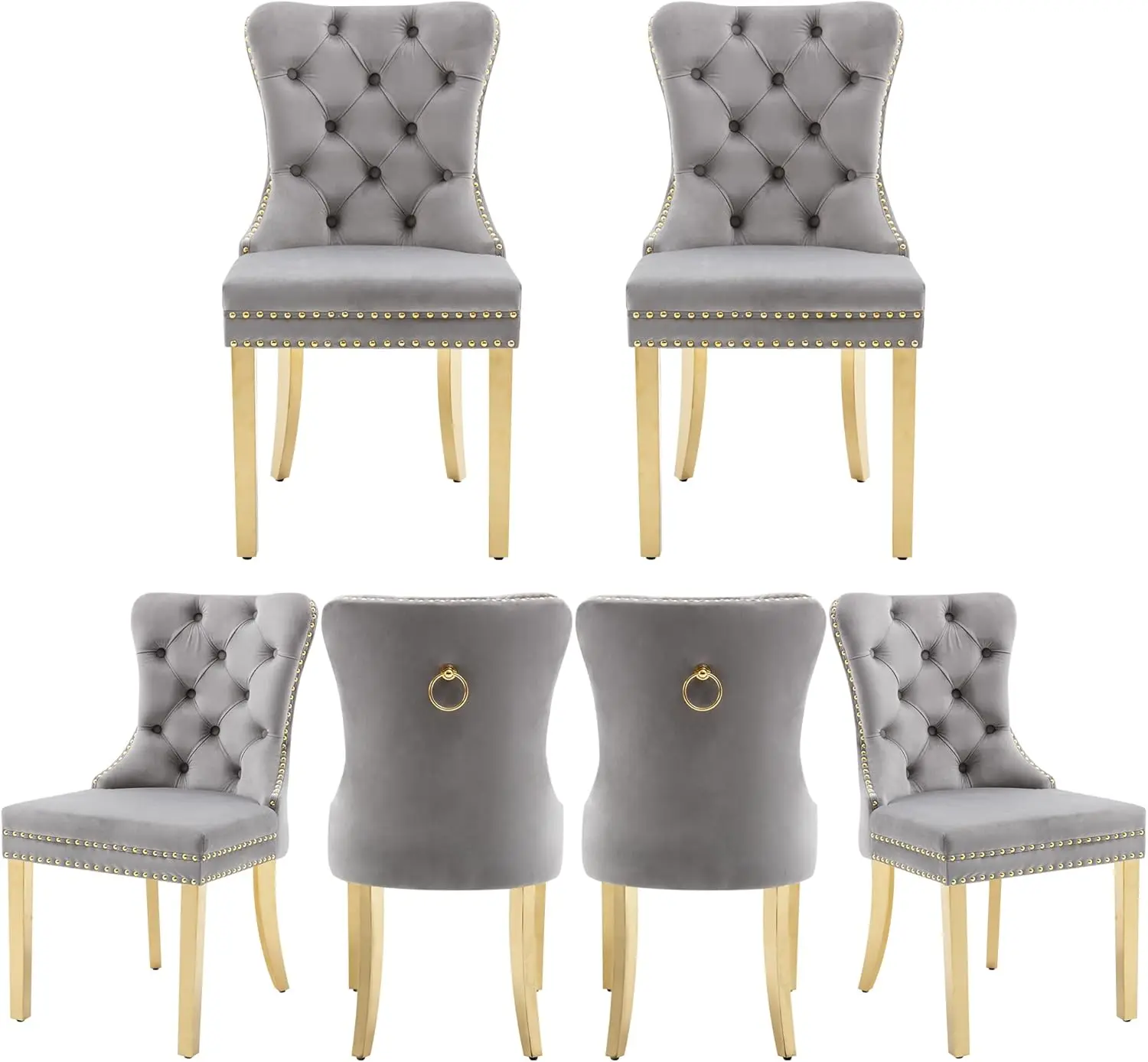 Dining Room Chairs Set of 6, Tufted Velvet Chairs with Golden Stainless Legs, Rivet Trim Metal Pull Ring Large Back for Kitchen