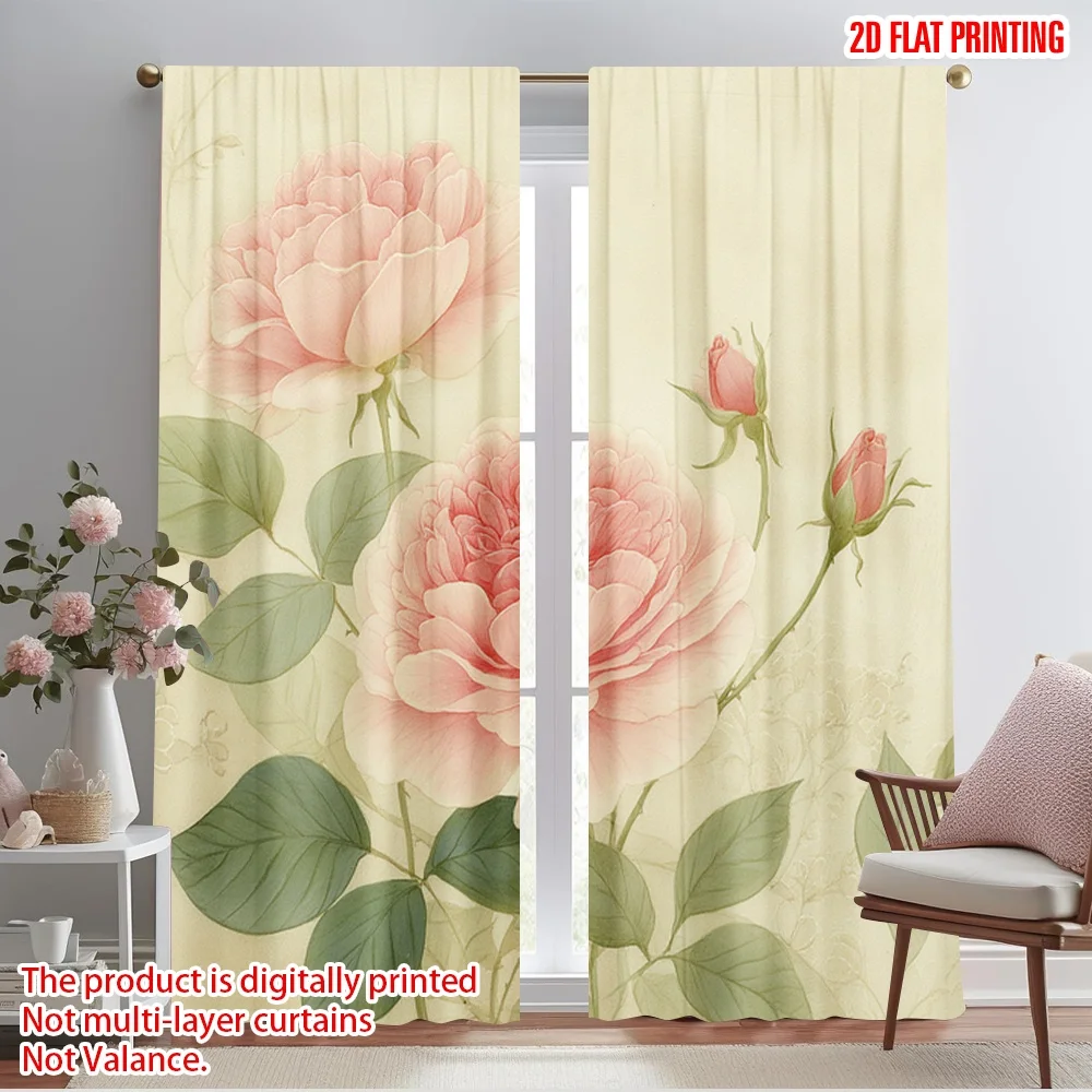 

2pcs 2D flat printing Window Treatment Curtains Blooming Elegance Polyester Fabric Without Electricity Holiday Decorations