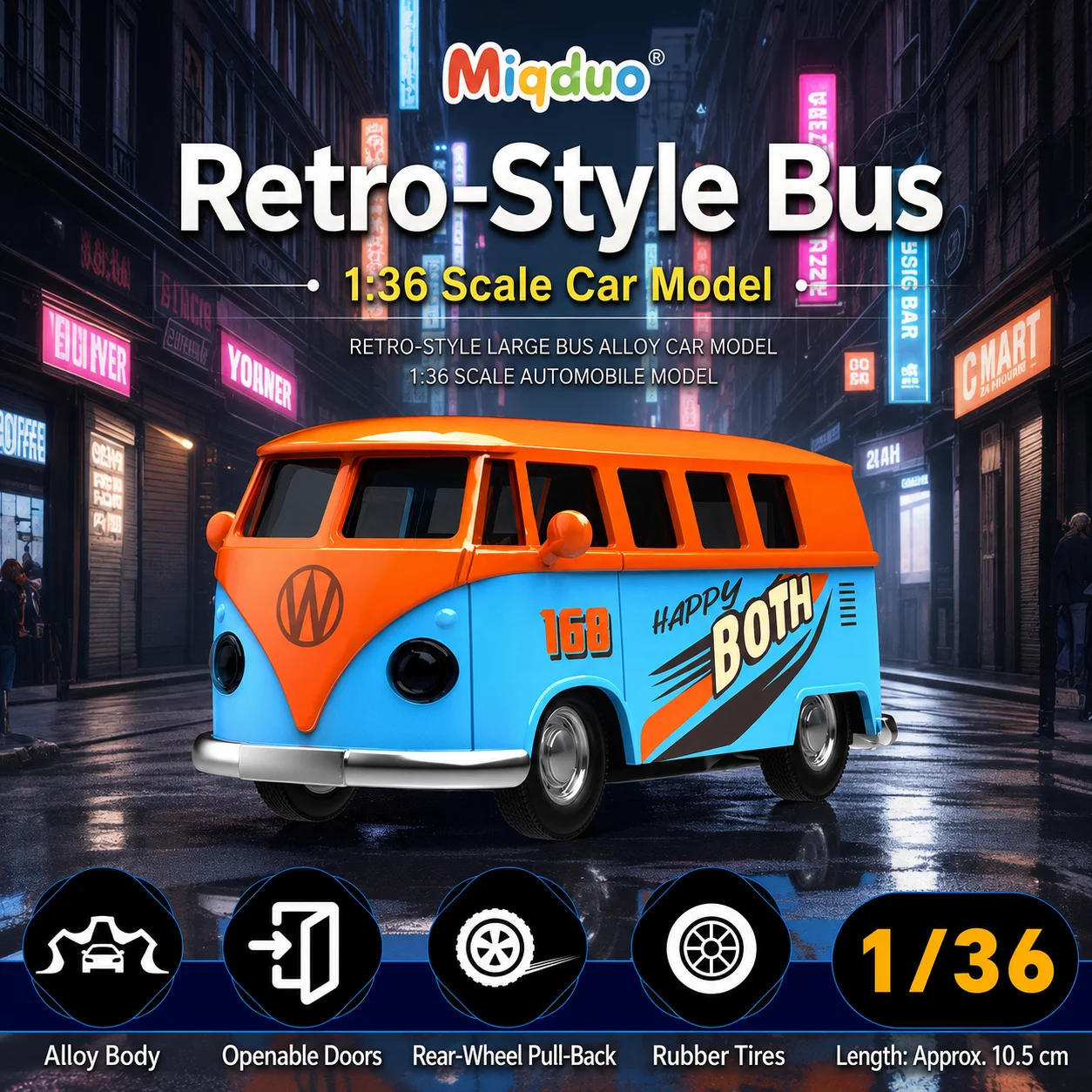 MQUDUO 1:36 Retro-Style Bus Diecast Model Open Doors Friction Powered Rubber Tires Detailed Miniature Display Collectible