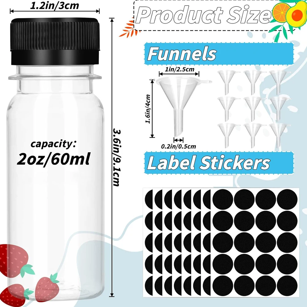 2 oz Small Plastic Juice Bottles with Caps Mini Clear Ginger Shot Containers with Tamper Proof Lids Reusable Travel Bottles