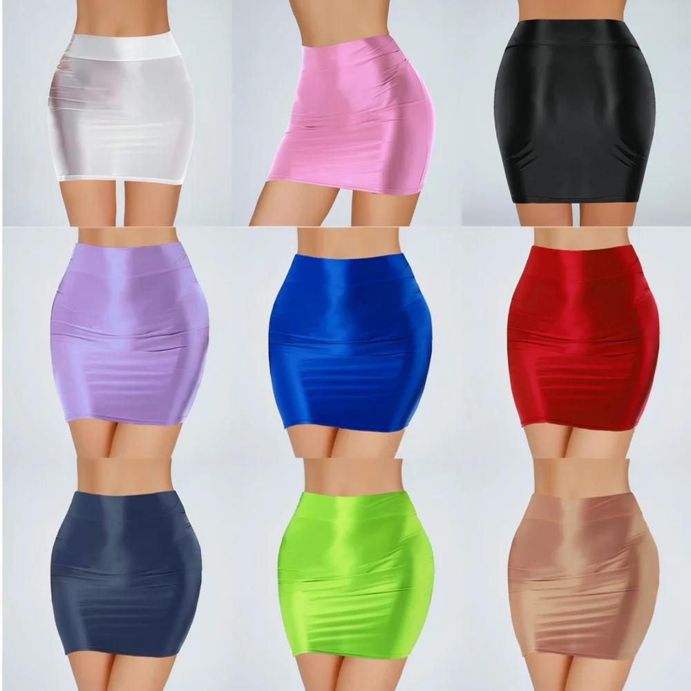 Elastic Slim Fit Mini Skirt Shiny Oil Glossy Sheer Bodycon Sexy High Stretchy Tight Skirt For That Burning Love Roleplay Costume