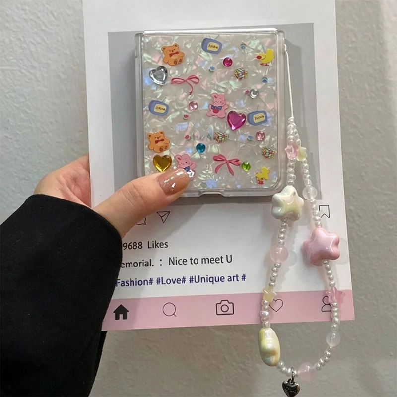 Z Flip8 Case Cute Shell Texture DIY Rhinestone Sticker Flip Phone Case For Samsung Galaxy Z Flip8 Zflip7 Zflip6 Zflip5 Zflip4
