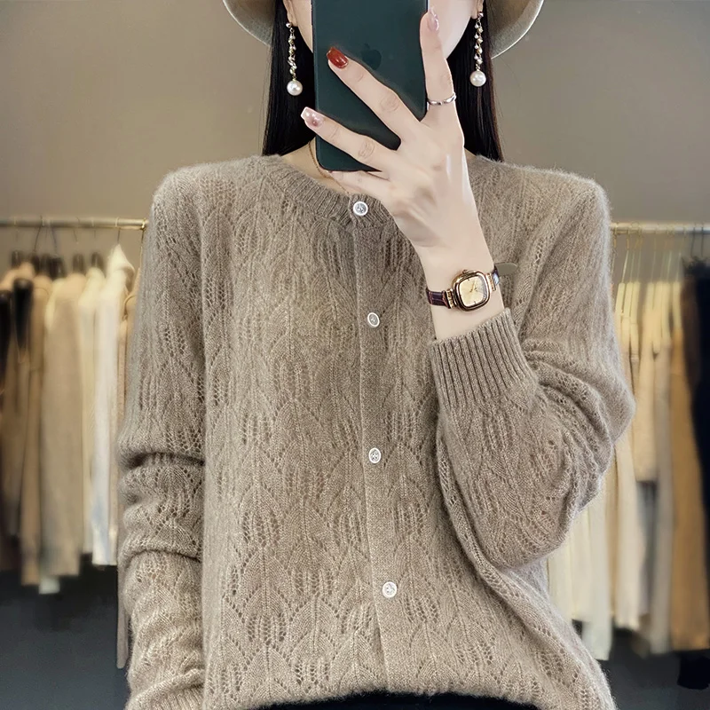 100% Merino Wool Clothing Women\'s Knitting POLO Collar Cardigan Spring and Autumn Casual Loose Shirt Jacket Korean Fashion