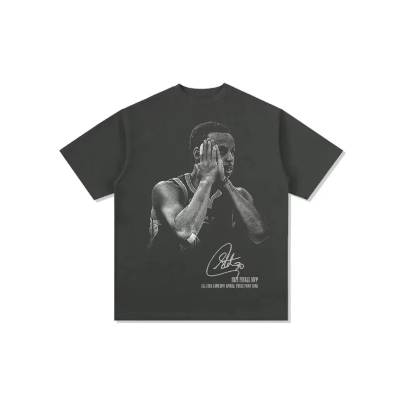 American Hip Hop Curry Signature Action Night Retro Printed T-shirt for Men and Women Retro Fashion Short Sleeve Top