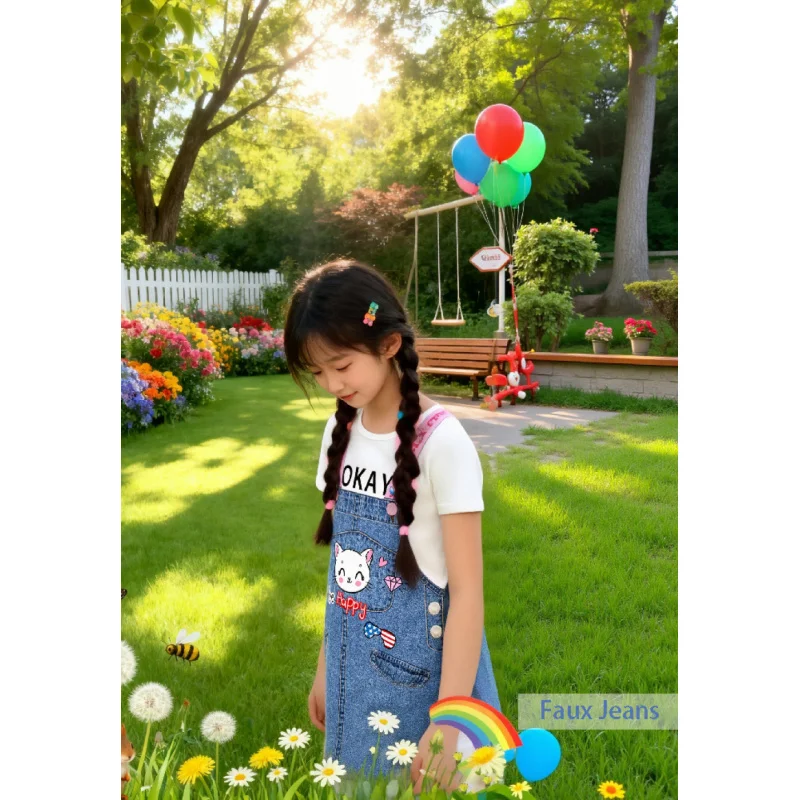 

2025 Girls' Cute Cat Print Dress - Imitation Denim Fake Two-Piece Overall Dress - Children's Summer Casual Kids' Clothing