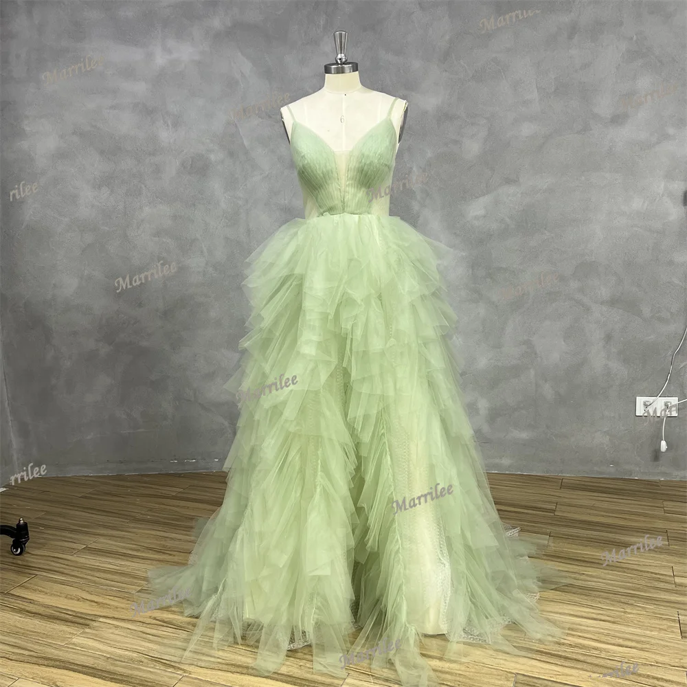 Marrilee Princess Mini Green Ruffles Tulle Prom Dress Korea Lady Lavender Strap Long Evening Gowns Formal Bride Party Woman 2024