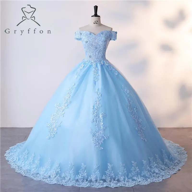 Light Blue Quinceanera Dress With Trian Sweet Flower Party Dress Luxury Ball Gown Real Photo Boho Prom Dress Plus Size