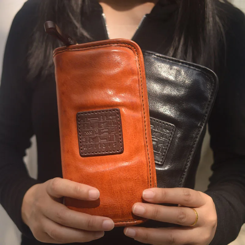 Retro Vintage Tanned Cowhide Wallet Large Capacity Long Zipper Handheld Genuine Leather Wallet Multiple Card Slots for Youth