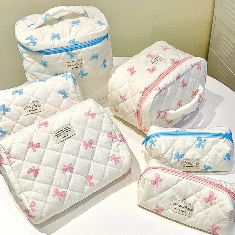 Cute Bow Flower Quilting Cotton Makeup Bag Women Zipper Cosmetic Organizer Female Cloth Handbag Portable Toiletry Case for Girls