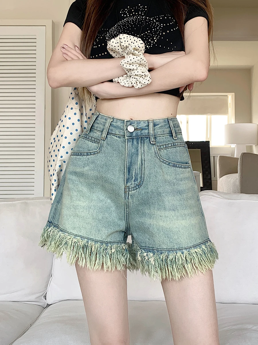 

Джинсы с высокой талией и широкими штанинами, женские летние тонкие свободные шорты трапециевидной формы прямого кроя, эффективные для похудения, глубокие светлые цвета