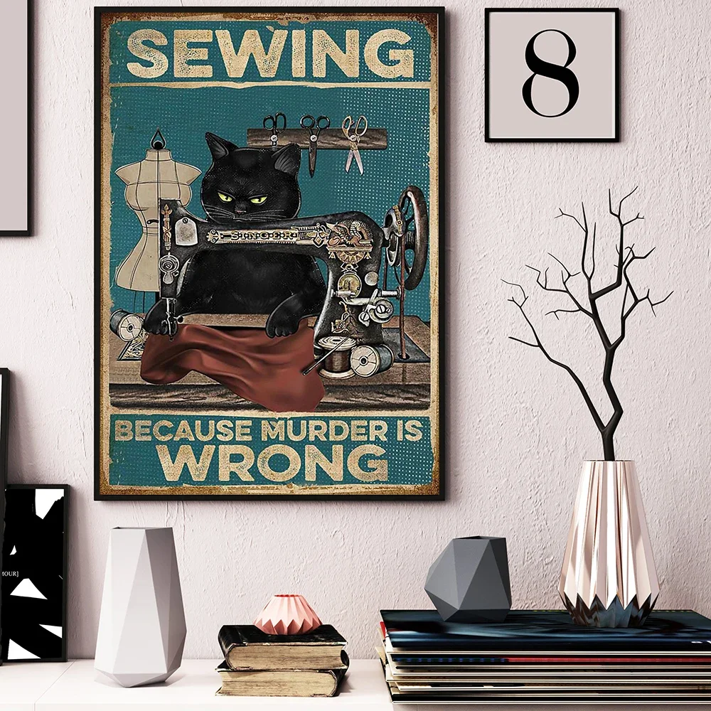 Black Cat- Sewing Because Murder Is Wrong Poster Canvas Painting Nordic Posters And Prints Wall Pictures For Living Room Decor