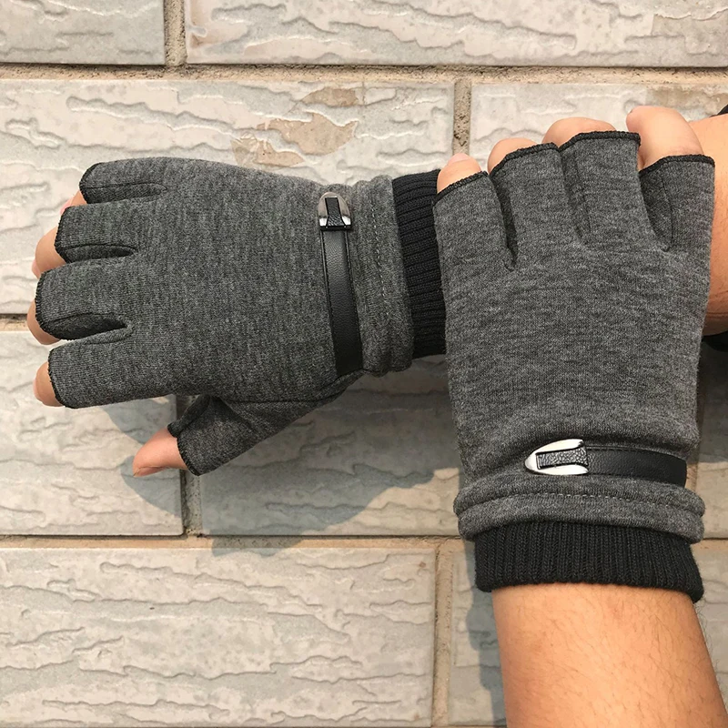 Man Autumn Winter Suede Plus Velvet Keep Warm Outdoor Sports Half-Finger Gloves Fashion Solid Elasticity Drive Cycling