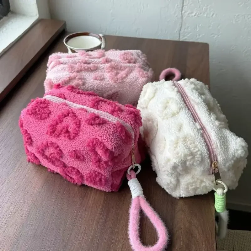 

Plush Makeup Bags with Handle Soft Travel Cosmetic Storage Bag Portable Love Print Organizer Pencil Case Cute Clutch Pouch