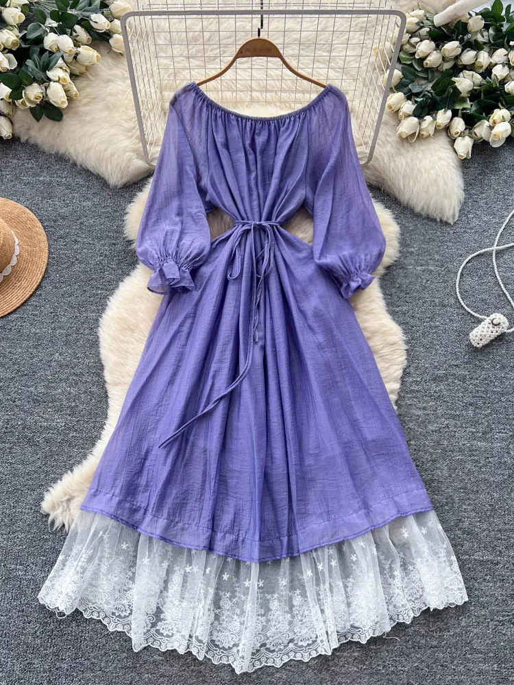 

Новинка 2023 года, летнее женское винтажное платье с вырезом-фонариком и рукавами-фонариками, длинное платье трапециевидной формы с высокой талией и вышивкой, кружевными оборками