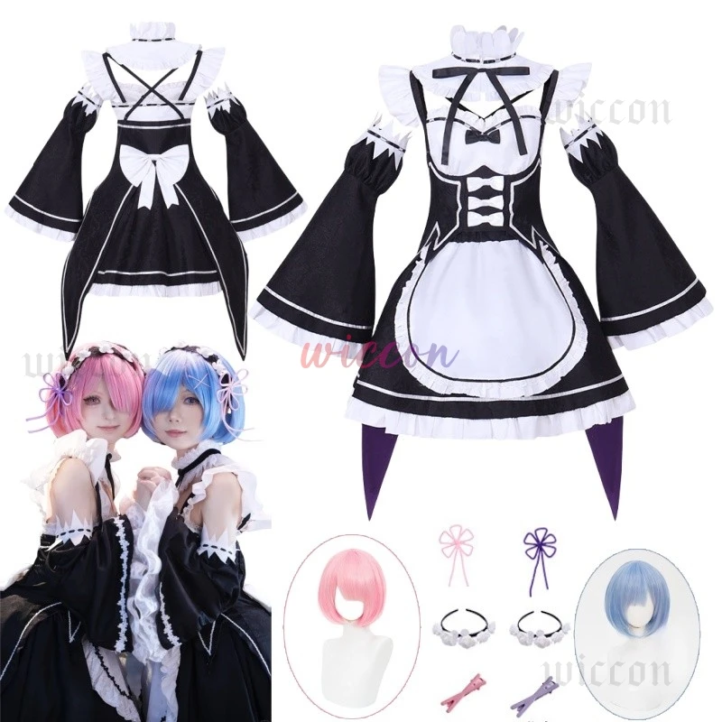 Ram Rem COS ชุดแม่บ้านอะนิเมะ Re:zero ชีวิตในโลกที่แตกต่างกัน COS))((^*% วิกผมชุดแม่บ้านฝาแฝดฮาโลวีน)(^*%@ # ￥%
