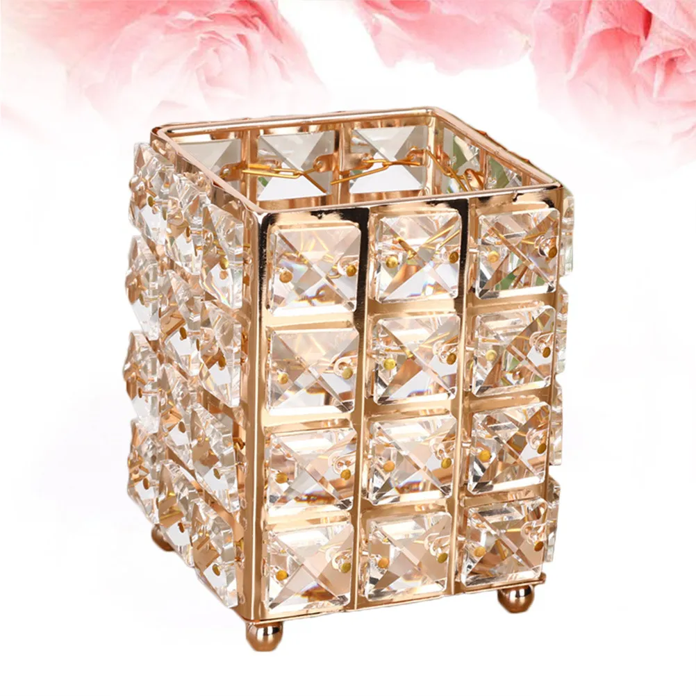 Crystal Pen Holder Square Makeup Brush Pot Pencil Storage Container Desktop Organizer Scratch Resistant Golden