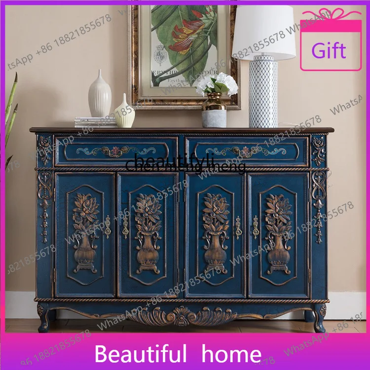 Blue European and American Style Solid Wood Shoe Cabinet with Four Doors, Carved Vintage Gold-Trimmed Entryway Storage CabinetE5