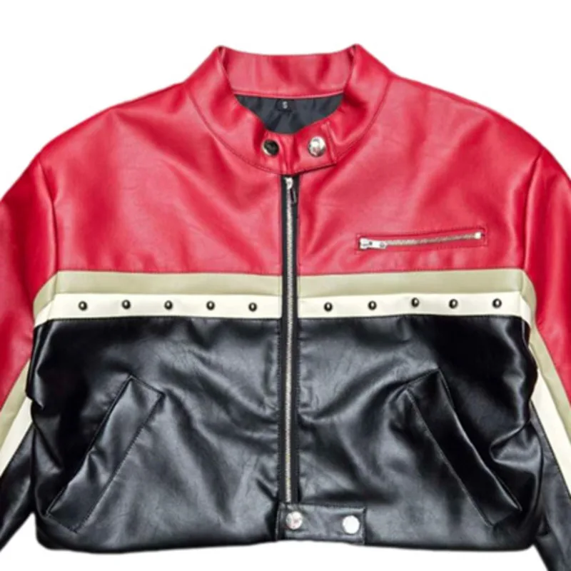 HKSH primavera otoño nueva mujer Pu abrigo de cuero contraste Color Patchwork Moto Biker Chaqueta corta Chic cremallera remache Tops Ins HK12772