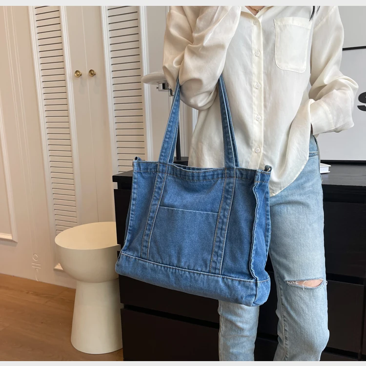 Large Capacity Denim Blue Women\'s Shoulder Bag Solid Color Female Tote Crossbody Bag Shopping Bags Retro College Girls Handbags