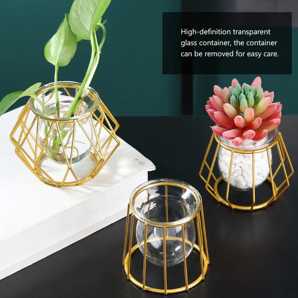 1Pcs Golden Hexagonal Glass Vase High-Definition Transparent Creative Flower Vase Modern Style Plants Container for Desk Table