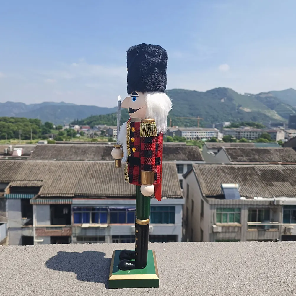 

Wooden Nutcracker Soldier Figurine Christmas Decorations Plaid Fabric Royal Style Wood Ornaments Tabletop Mantel