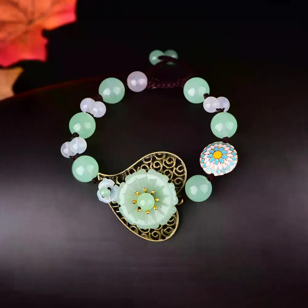 

Green Natural Jade Flower Bangle Carved Gemstone Luxury Agate Bracelet Vintage Talismans Stone Gifts for Women
