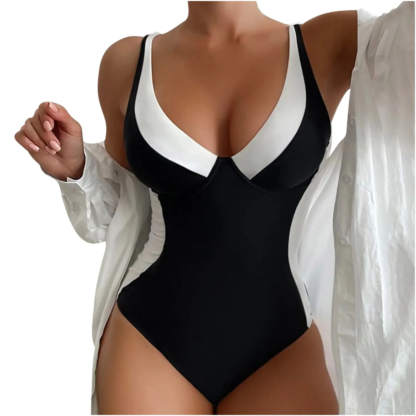 

Fashion Black White Color Blocked Women's One-Piece Swimsuit Sexy Slimming Hottie Holiday Casual Backless Swimwear