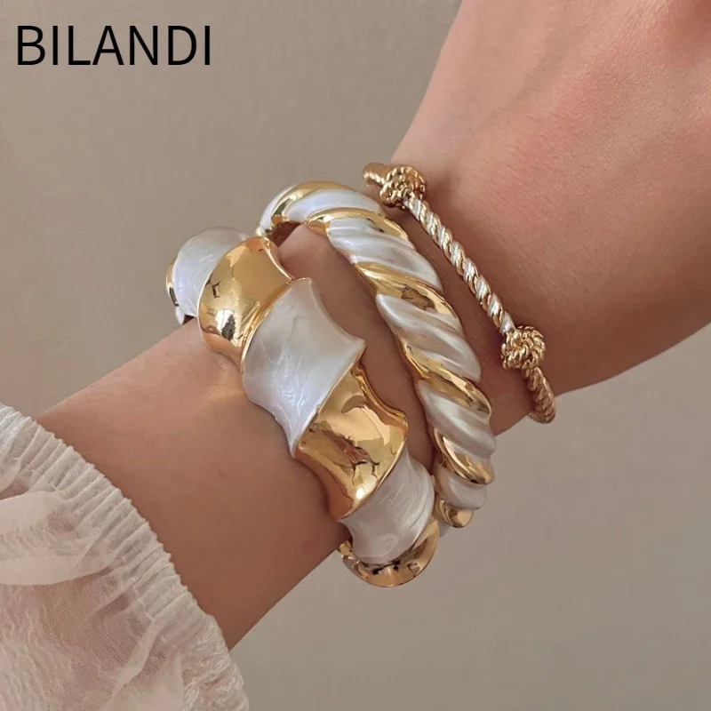 Bilandi Modern Jewelry Luxury Design Splicing White Cuff Bracelets For Women Party Gifts Exaggerative Accessories Bangles