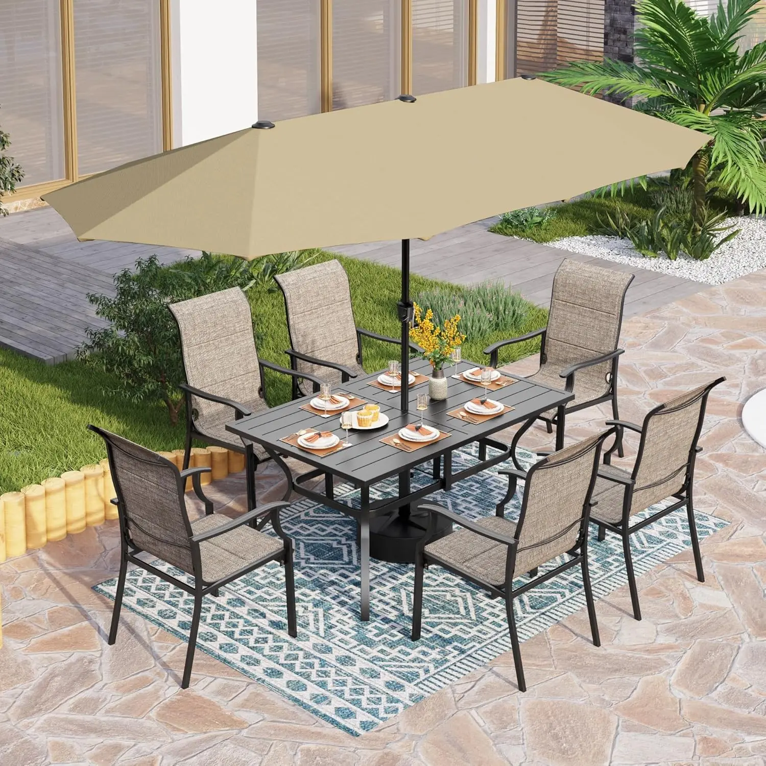 

8 Pcs Patio Dining Set with 13ft Beige Outdoor Umbrella for 6 Person 1 Rectangle Metal Table and 6 Padded High Back Chairs Outdo